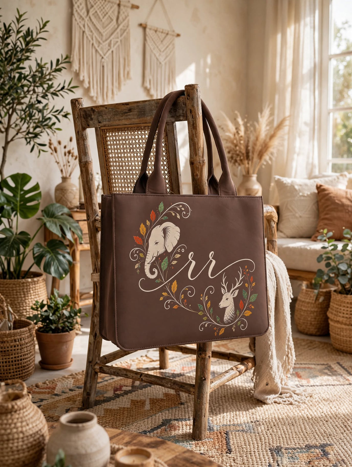 BAGWALLAA Personalized Initial Tote Bag - RR Brown | Premium PU Leather Tote with 3D Emboss Elephant & Deer Print