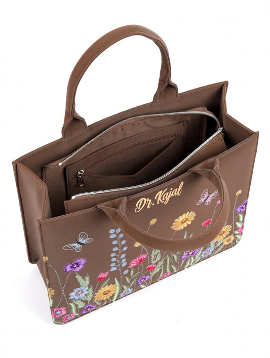 Bagwallaa - Dr. Kajal Edition | The Wildflower Garden Tote Bag | Brown Floral Embroidered Office Bag with Butterflies