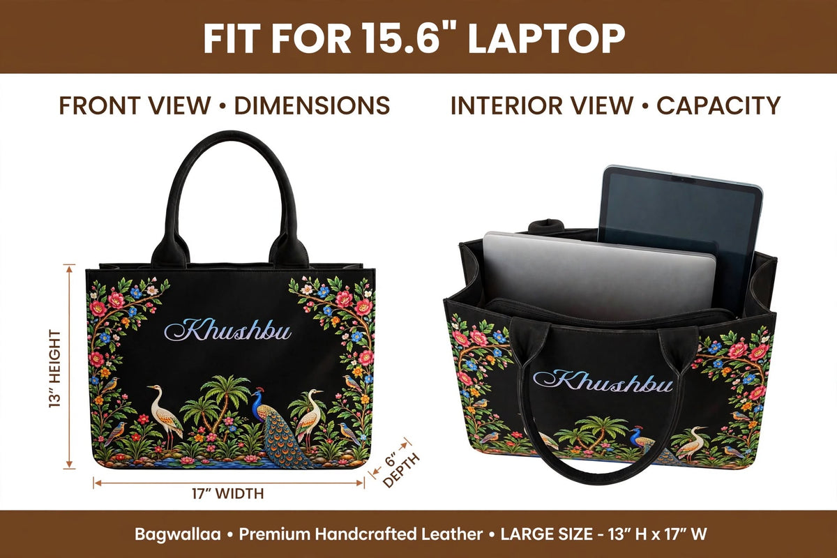Bagwallaa - The Royal Peacock Garden Edition | Black Leather Tote Bag | Handcrafted Mughal Floral Art with Peacock & Cranes | Large Size Office Laptop Bag for Women (Fits 15.6" Laptop)