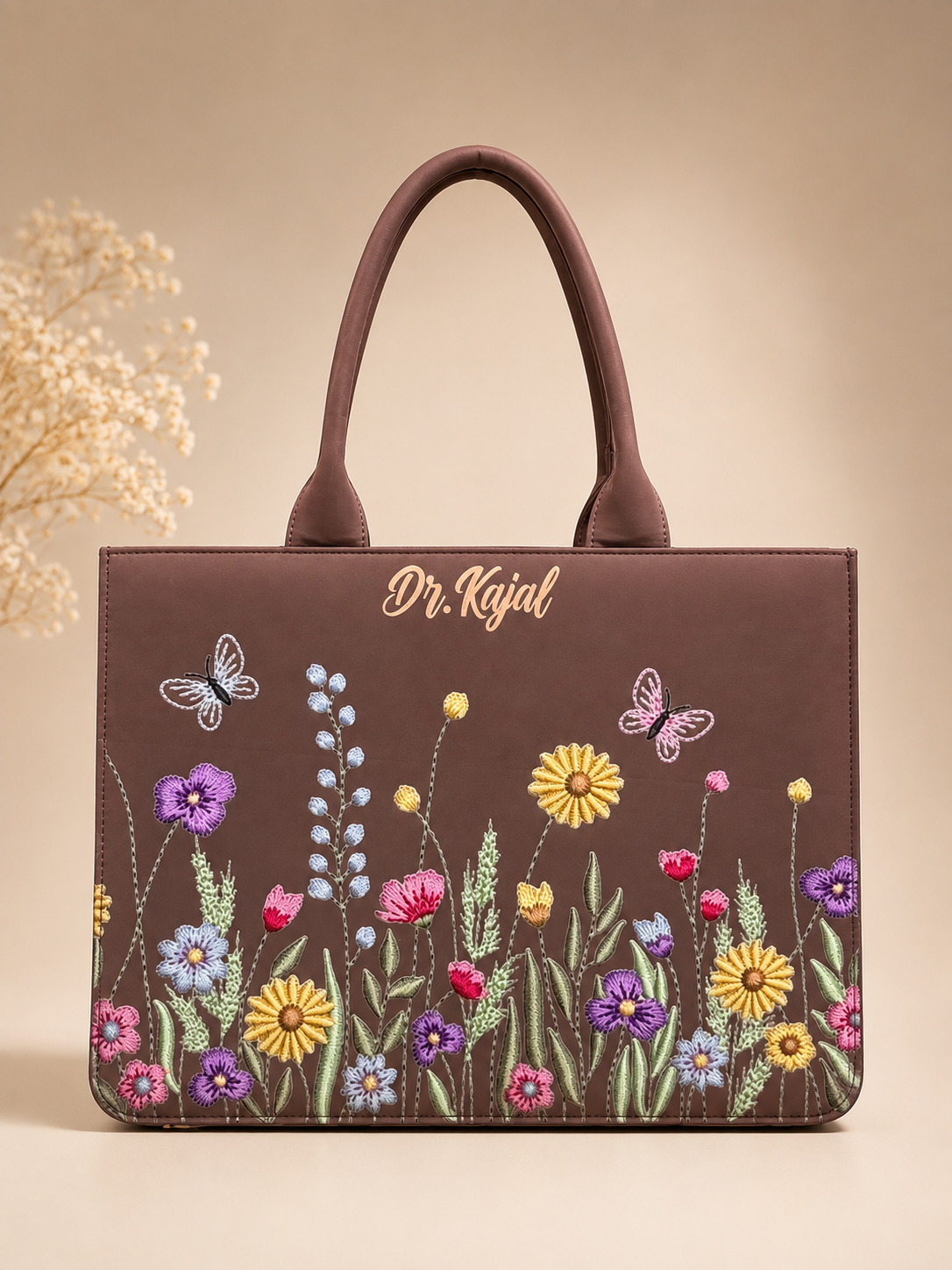 Bagwallaa - Dr. Kajal Edition | The Wildflower Garden Tote Bag | Brown Floral Embroidered Office Bag with Butterflies