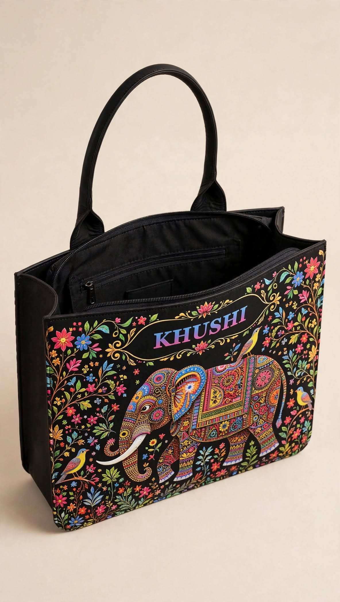Personalized Name Tote Bag - KHUSHI Edition | Elephant Madhubani Truck Art Tote Bag | Customized Tote Bag for Women - Bagwallaa