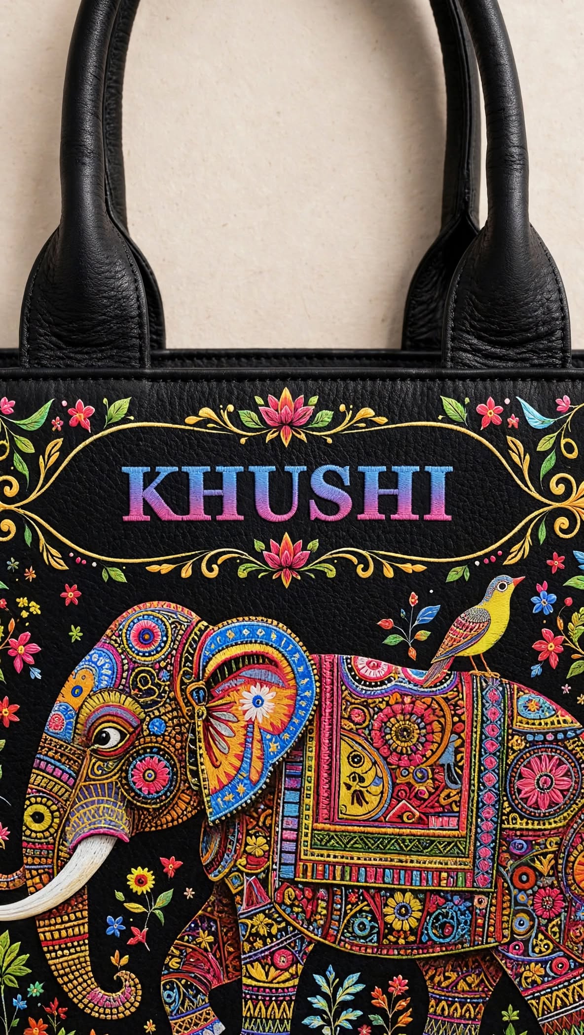 Personalized Name Tote Bag - KHUSHI Edition | Elephant Madhubani Truck Art Tote Bag | Customized Tote Bag for Women - Bagwallaa