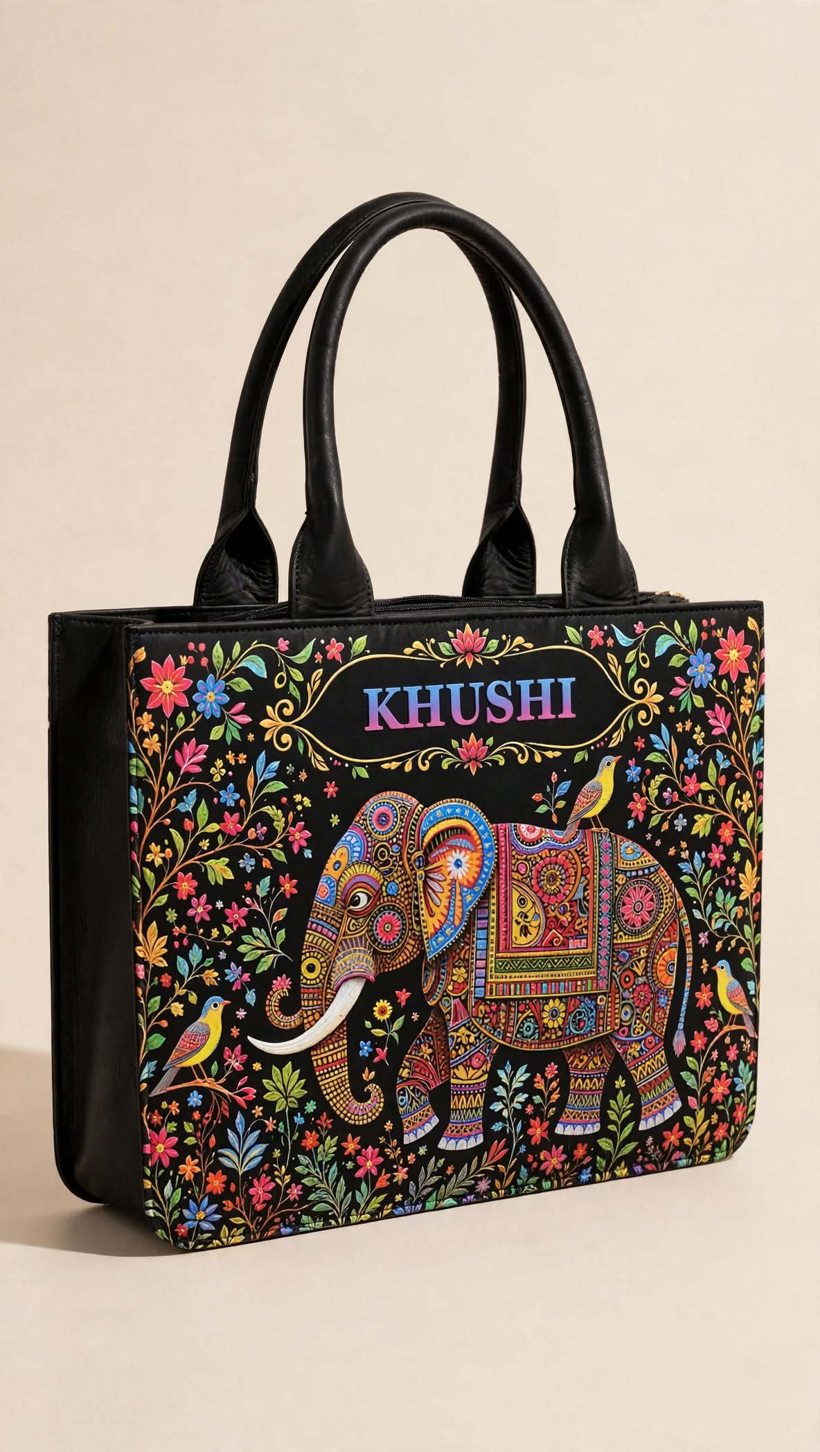 Personalized Name Tote Bag - KHUSHI Edition | Elephant Madhubani Truck Art Tote Bag | Customized Tote Bag for Women - Bagwallaa