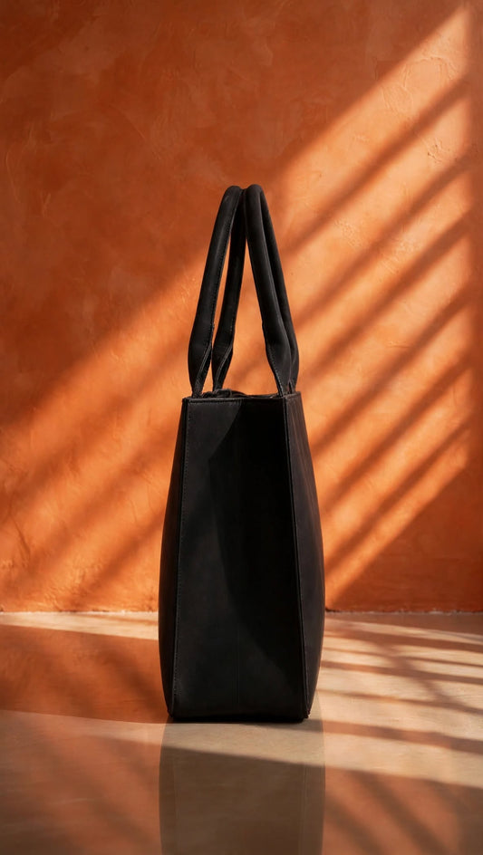 Bagwallaa - The Royal Peacock Garden Edition | Black Leather Tote Bag | Handcrafted Mughal Floral Art with Peacock & Cranes | Large Size Office Laptop Bag for Women (Fits 15.6" Laptop)