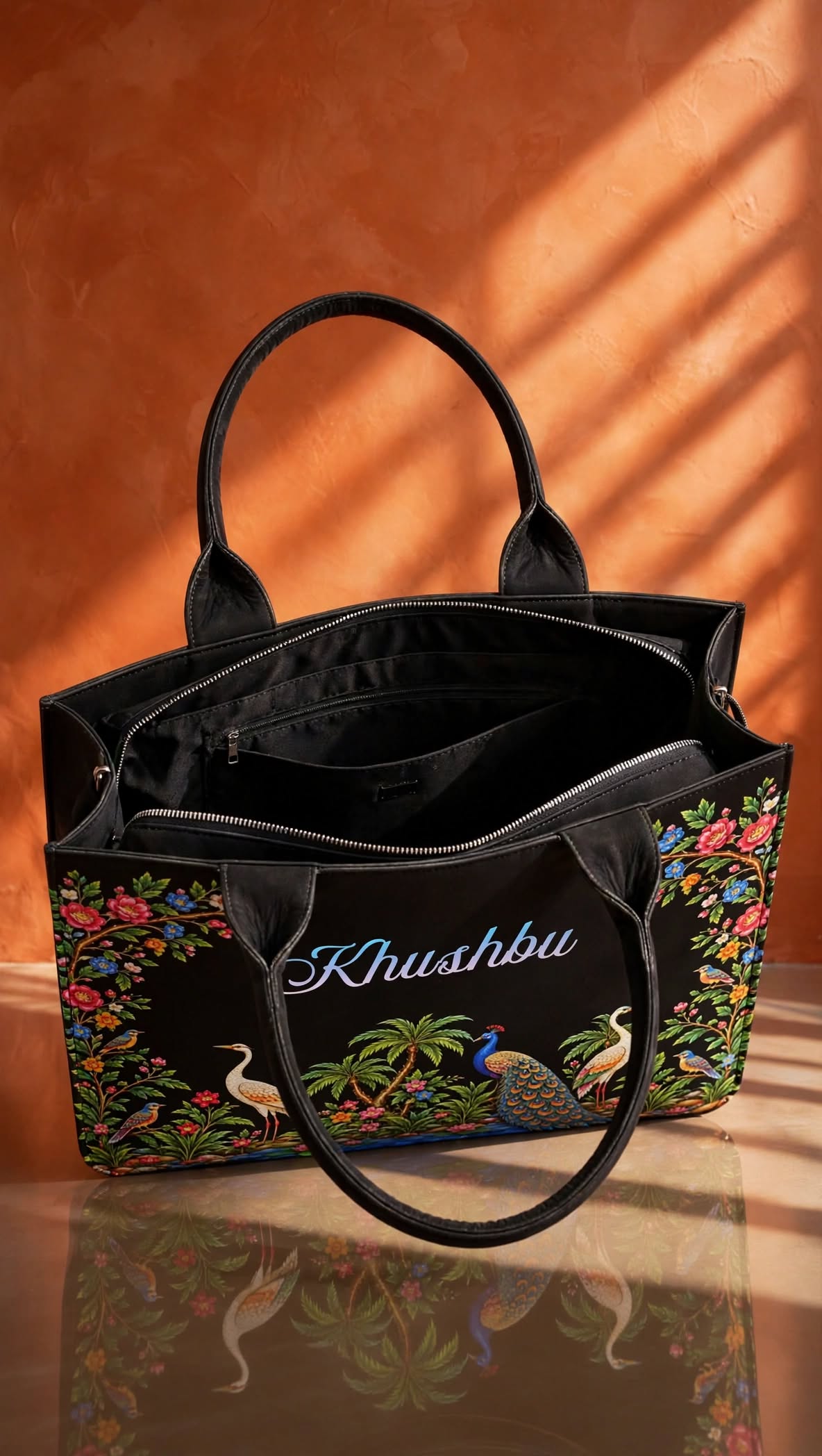 Bagwallaa - The Royal Peacock Garden Edition | Black Leather Tote Bag | Handcrafted Mughal Floral Art with Peacock & Cranes | Large Size Office Laptop Bag for Women (Fits 15.6" Laptop)