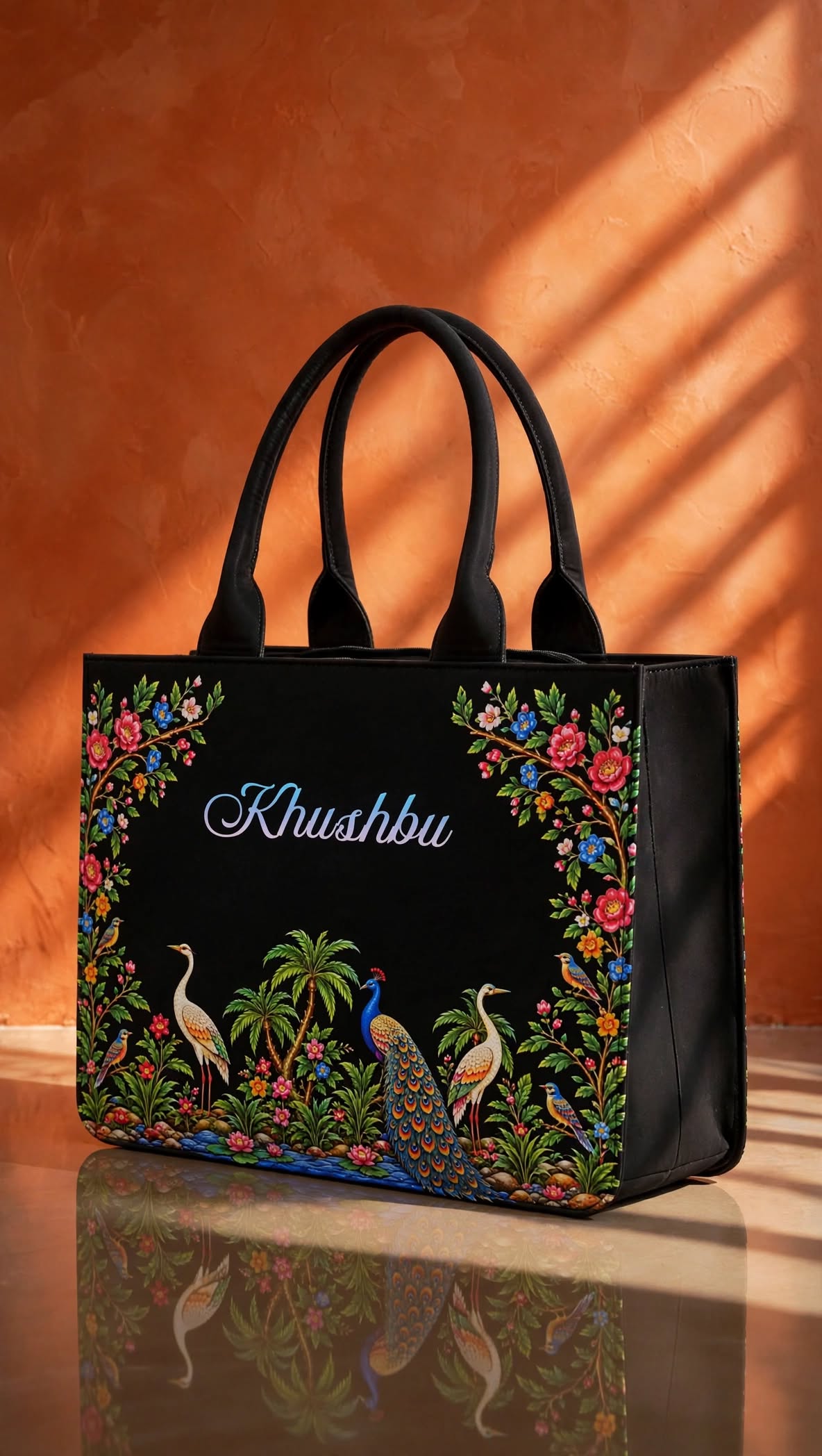 Bagwallaa - The Royal Peacock Garden Edition | Black Leather Tote Bag | Handcrafted Mughal Floral Art with Peacock & Cranes | Large Size Office Laptop Bag for Women (Fits 15.6" Laptop)