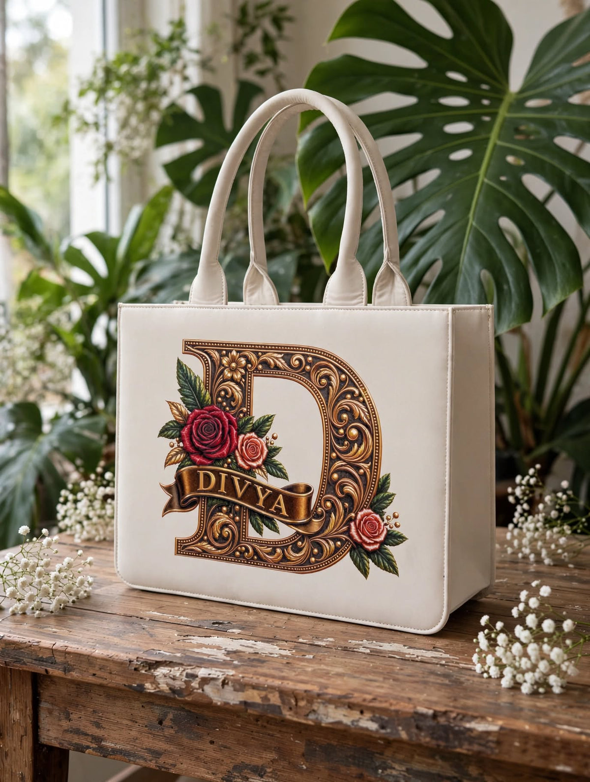 BAGWALLAA Personalized Tote Bag - DIVYA White | Premium PU Leather Tote with 3D Emboss Print
