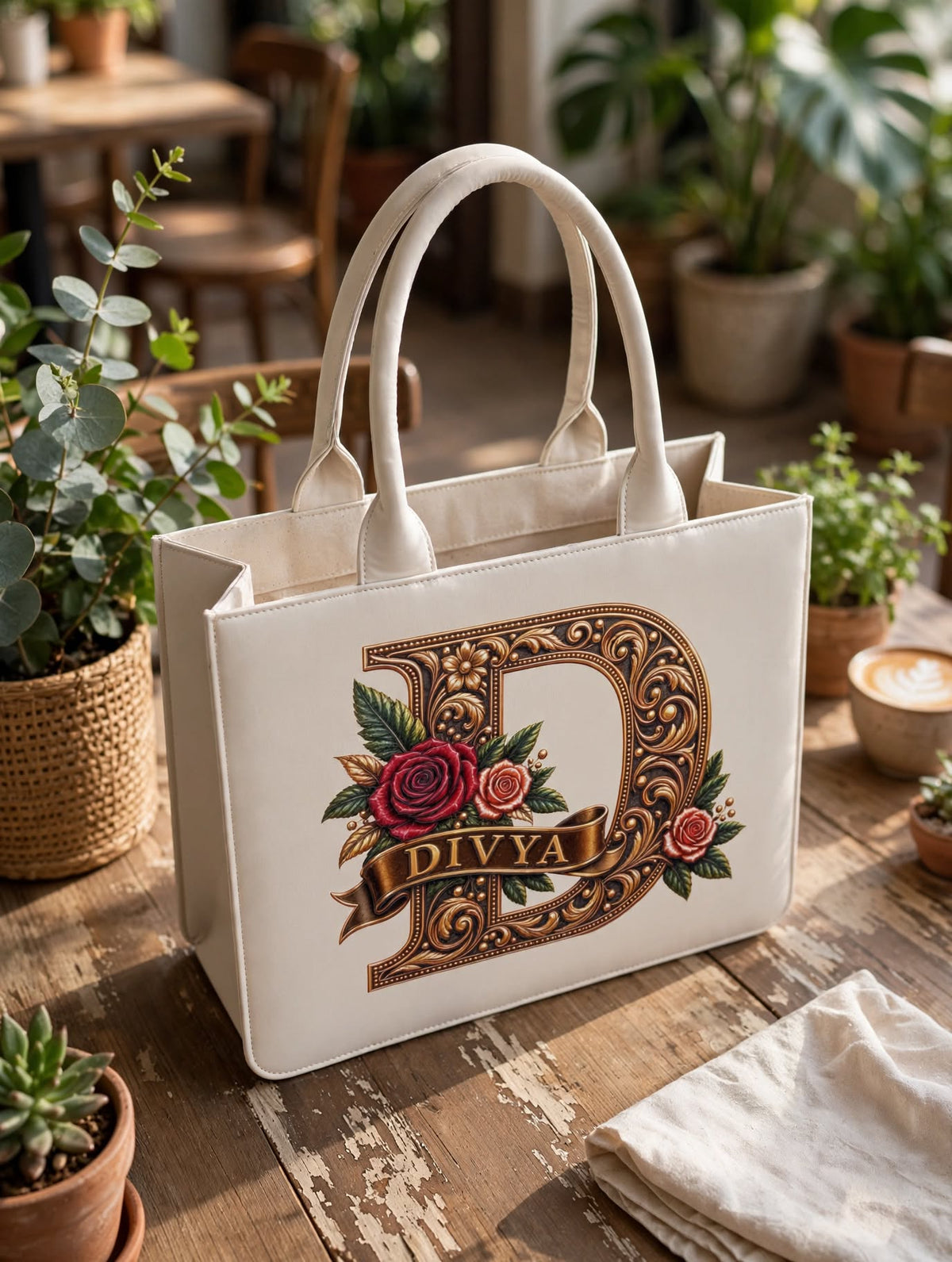 BAGWALLAA Personalized Tote Bag - DIVYA White | Premium PU Leather Tote with 3D Emboss Print