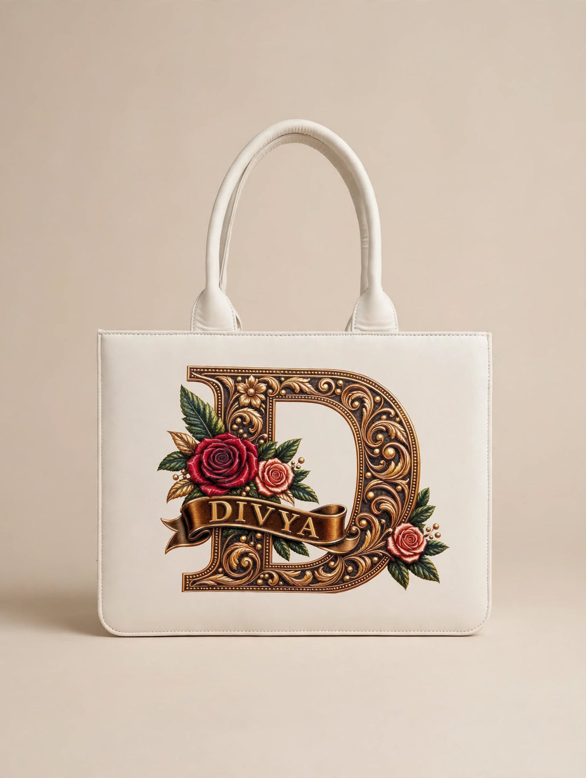 BAGWALLAA Personalized Tote Bag - DIVYA White | Premium PU Leather Tote with 3D Emboss Print