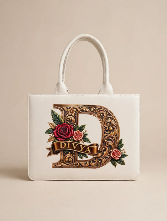 BAGWALLAA Personalized Tote Bag - DIVYA White | Premium PU Leather Tote with 3D Emboss Print