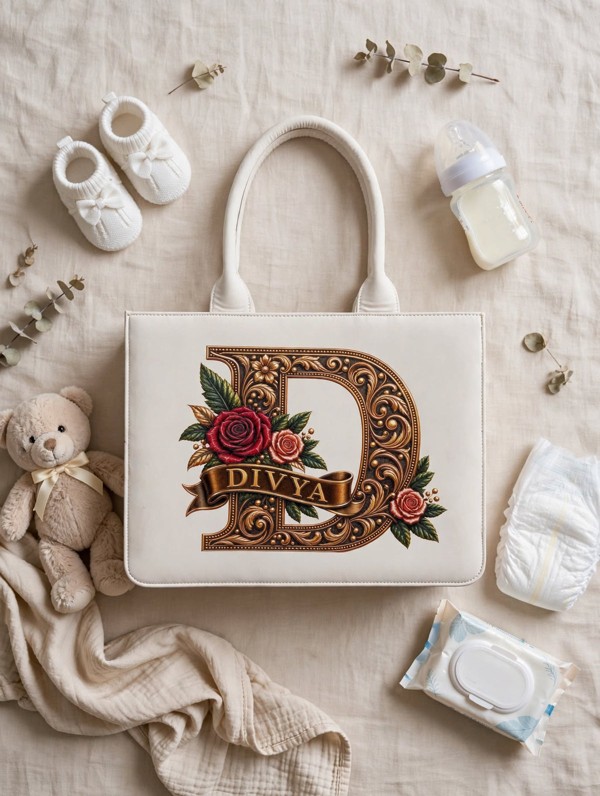 BAGWALLAA Personalized Tote Bag - DIVYA White | Premium PU Leather Tote with 3D Emboss Print