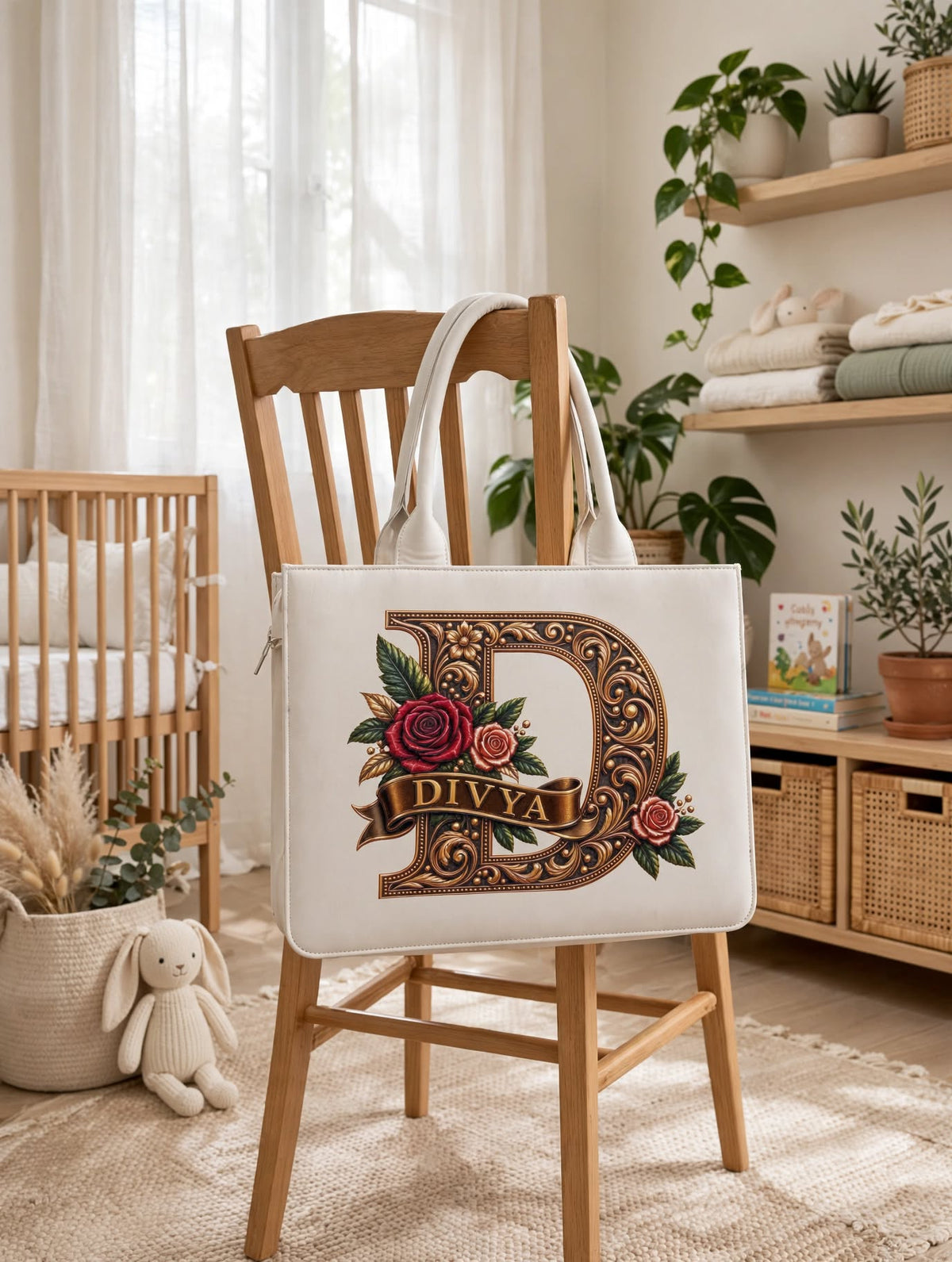 BAGWALLAA Personalized Tote Bag - DIVYA White | Premium PU Leather Tote with 3D Emboss Print