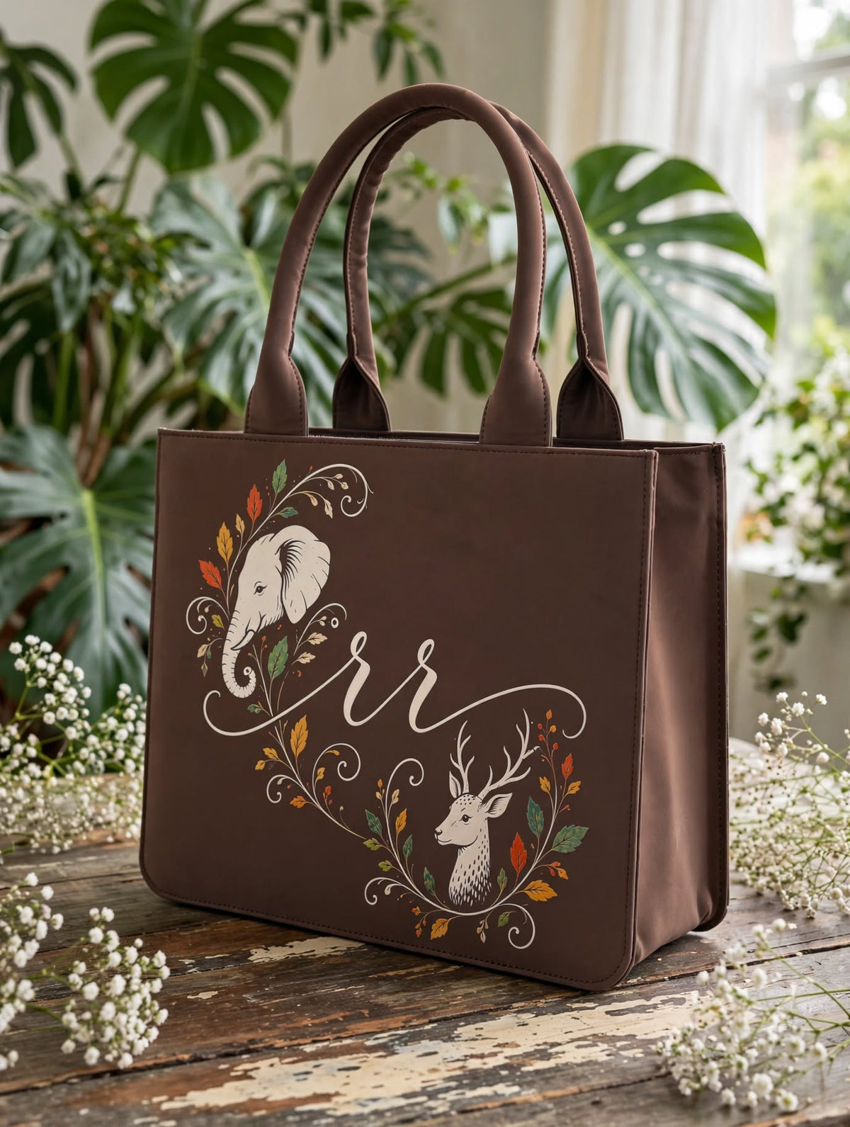 BAGWALLAA Personalized Initial Tote Bag - RR Brown | Premium PU Leather Tote with 3D Emboss Elephant & Deer Print