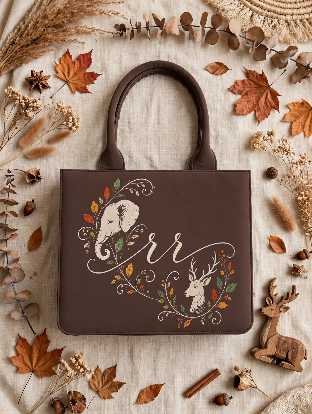 BAGWALLAA Personalized Initial Tote Bag - RR Brown | Premium PU Leather Tote with 3D Emboss Elephant & Deer Print