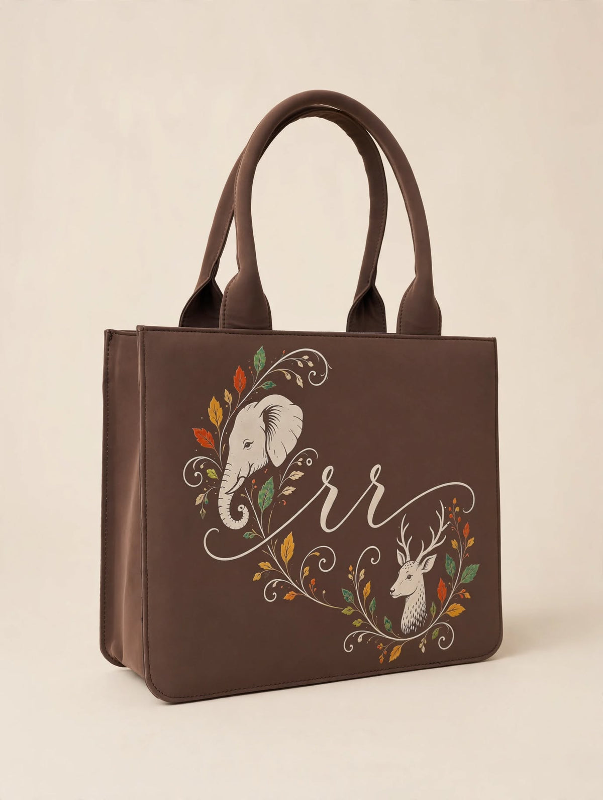 BAGWALLAA Personalized Initial Tote Bag - RR Brown | Premium PU Leather Tote with 3D Emboss Elephant & Deer Print