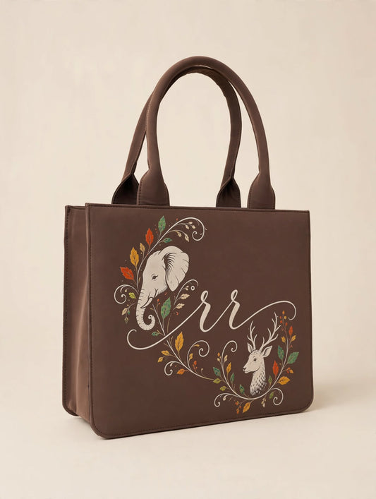 BAGWALLAA Personalized Initial Tote Bag - RR Brown | Premium PU Leather Tote with 3D Emboss Elephant & Deer Print
