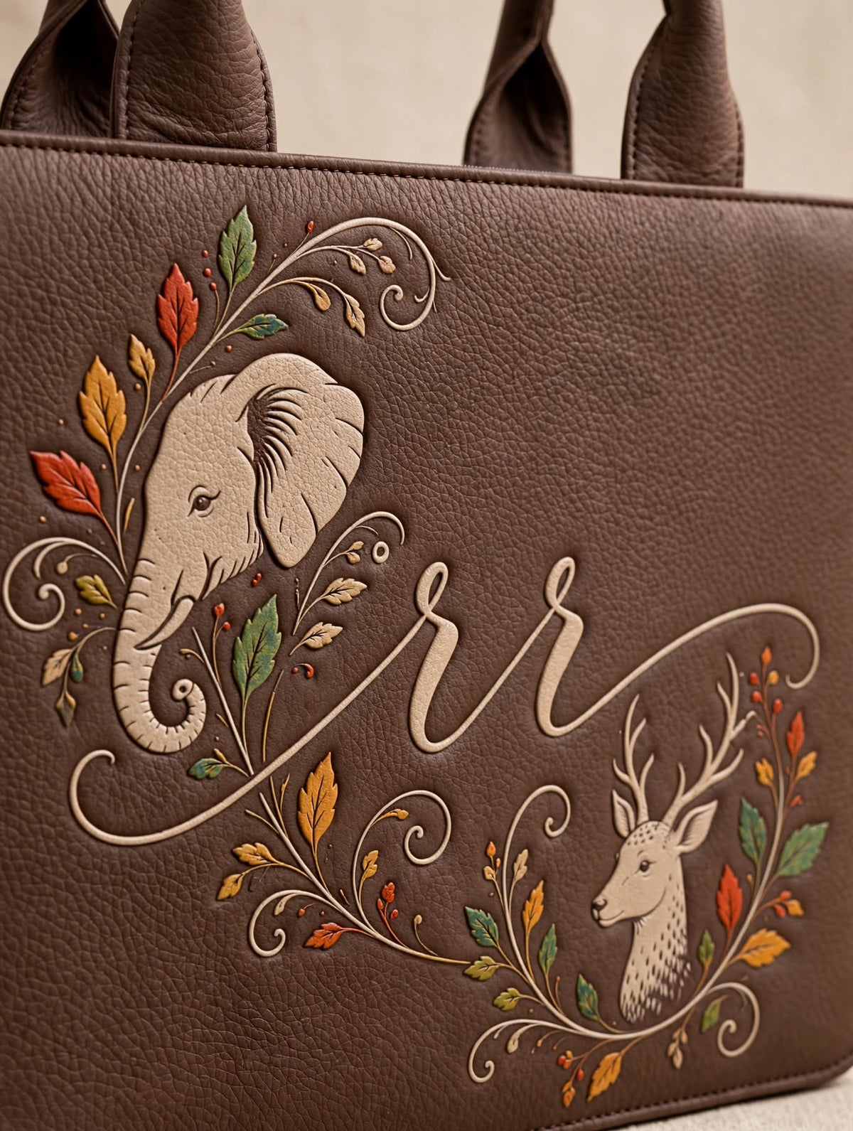 BAGWALLAA Personalized Initial Tote Bag - RR Brown | Premium PU Leather Tote with 3D Emboss Elephant & Deer Print