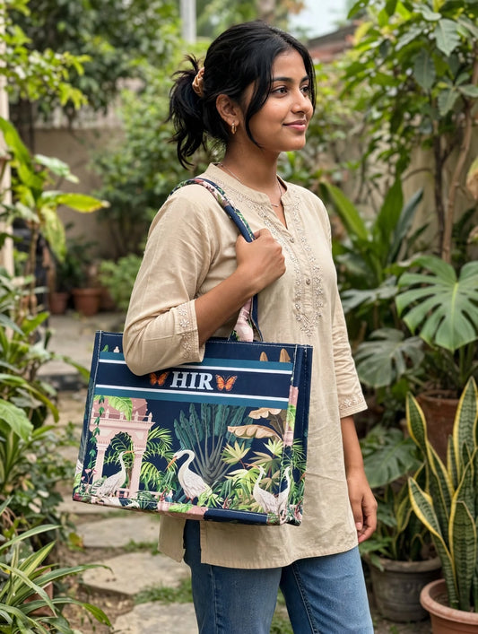 Bagwallaa - HIR Edition | Navy Tropical Heron Tote Bag with Orange Butterflies | Premium Book Tote with Floral Handles