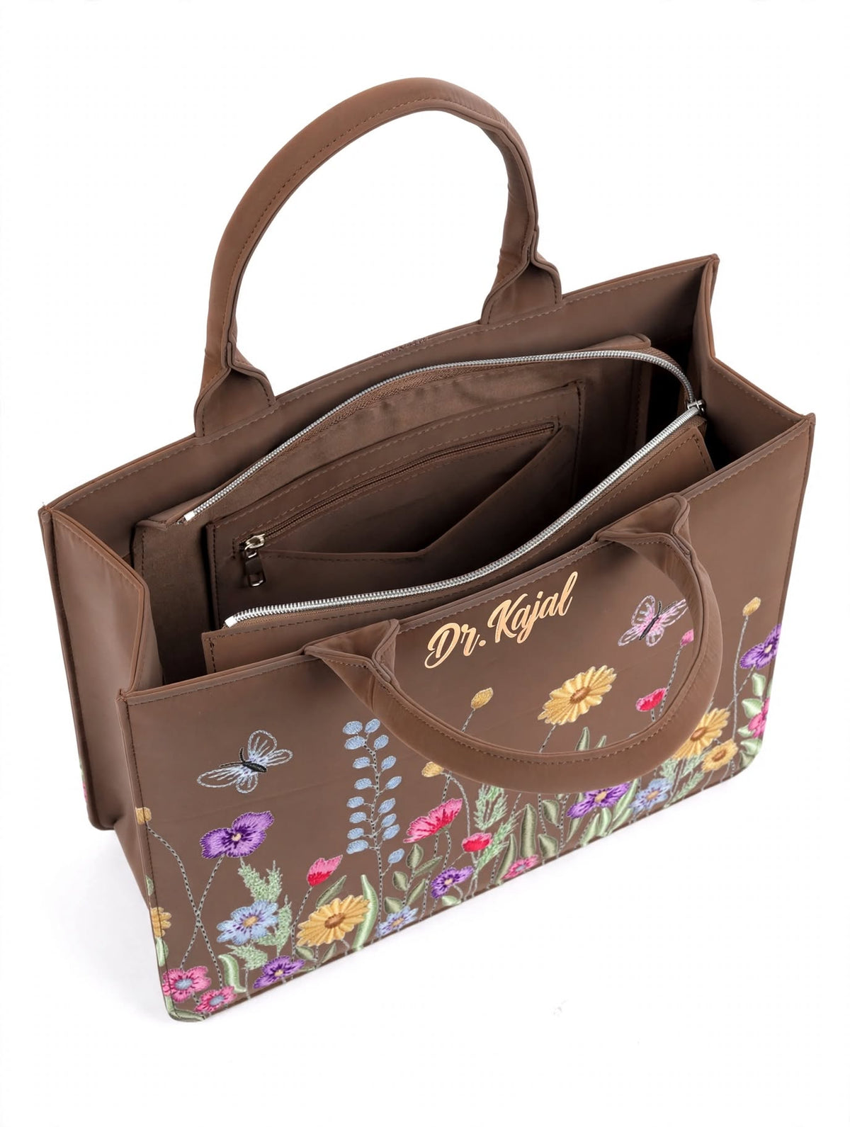 Bagwallaa - Dr. Kajal Edition | The Wildflower Garden Tote Bag | Brown Floral Embroidered Office Bag with Butterflies