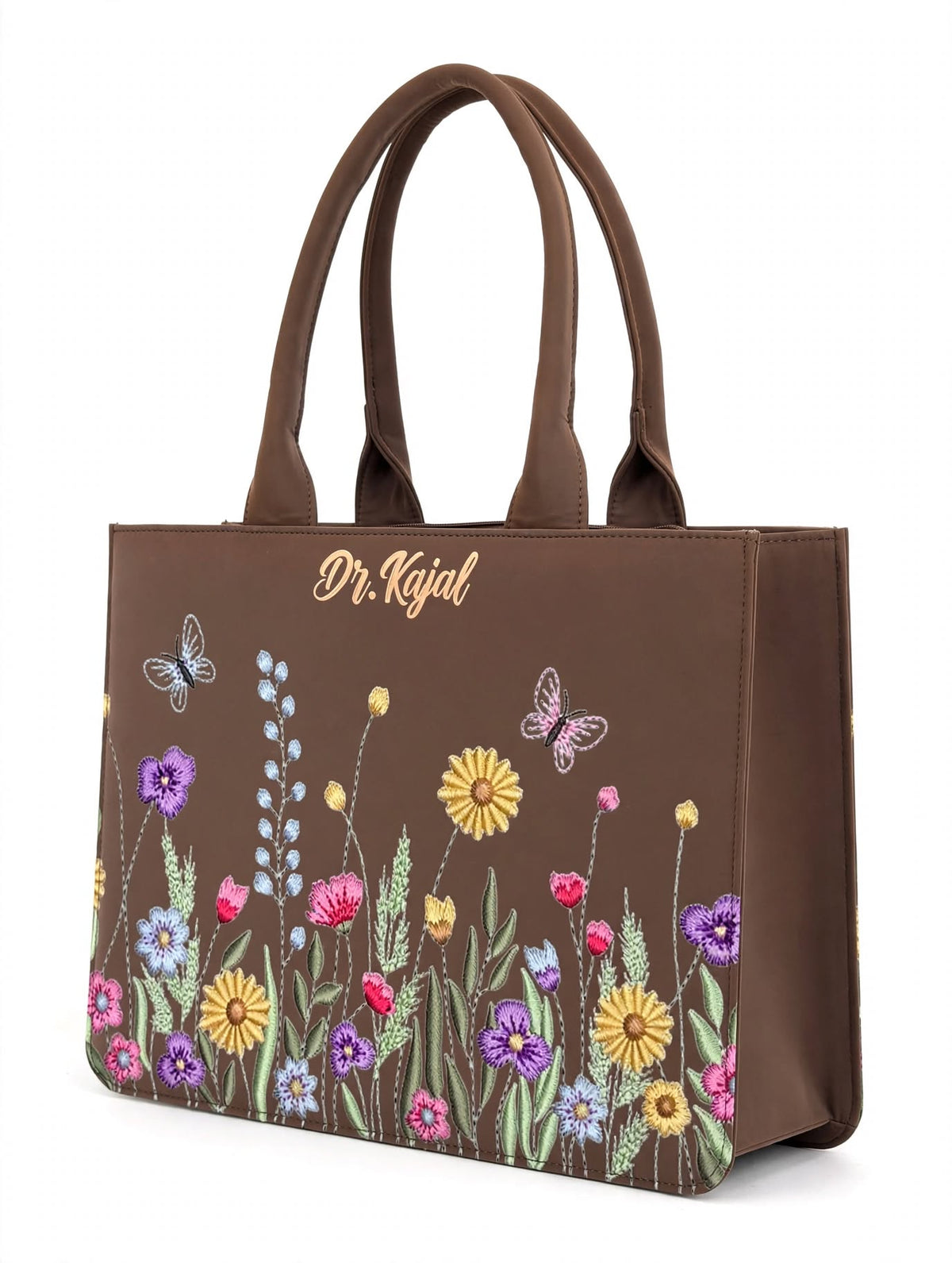 Bagwallaa - Dr. Kajal Edition | The Wildflower Garden Tote Bag | Brown Floral Embroidered Office Bag with Butterflies