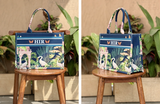 Bagwallaa - HIR Edition | Navy Tropical Heron Tote Bag with Orange Butterflies | Premium Book Tote with Floral Handles