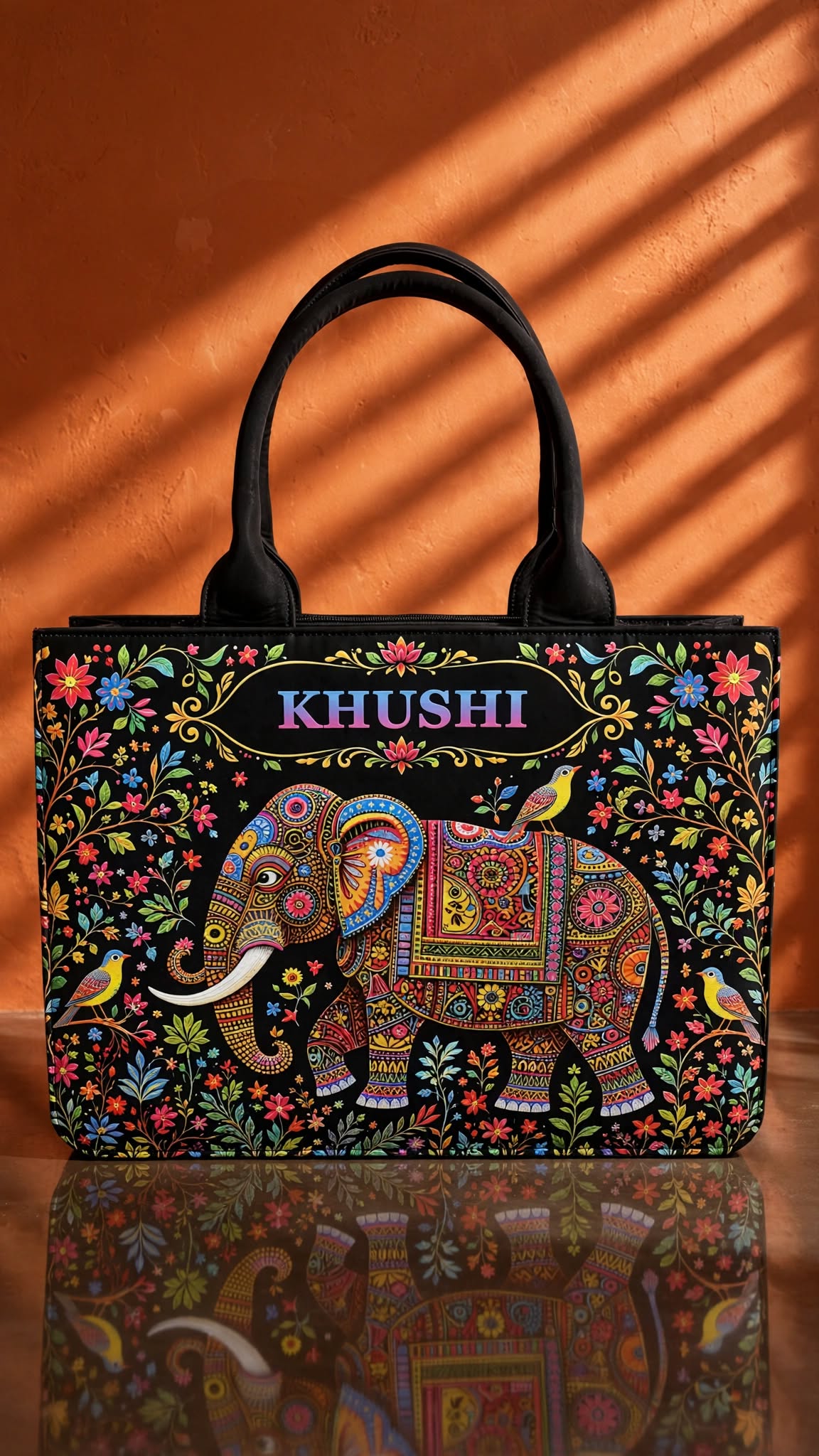 Personalized Name Tote Bag - KHUSHI Edition | Elephant Madhubani Truck Art Tote Bag | Customized Tote Bag for Women - Bagwallaa