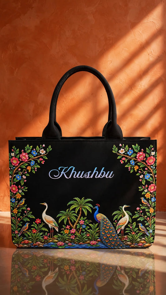 Bagwallaa - The Royal Peacock Garden Edition | Black Leather Tote Bag | Handcrafted Mughal Floral Art with Peacock & Cranes | Large Size Office Laptop Bag for Women (Fits 15.6" Laptop)
