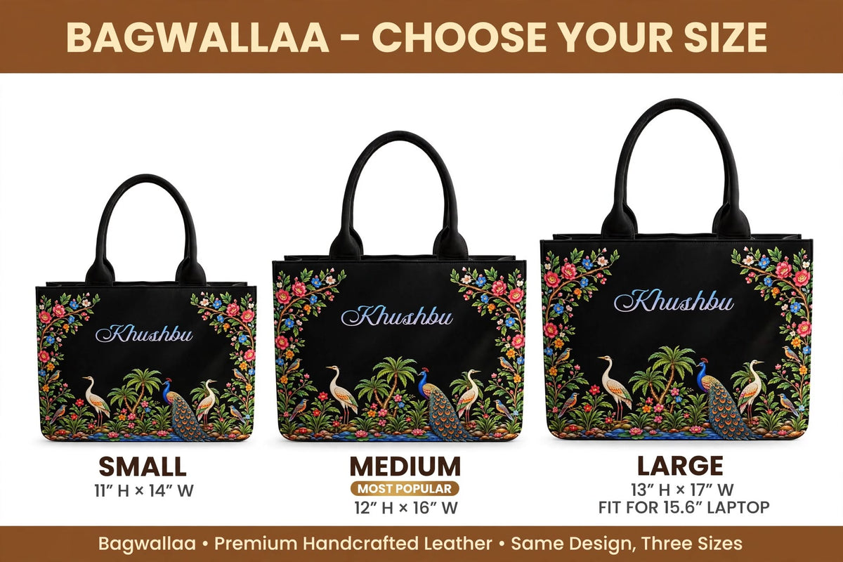 Bagwallaa - The Royal Peacock Garden Edition | Black Leather Tote Bag | Handcrafted Mughal Floral Art with Peacock & Cranes | Large Size Office Laptop Bag for Women (Fits 15.6" Laptop)