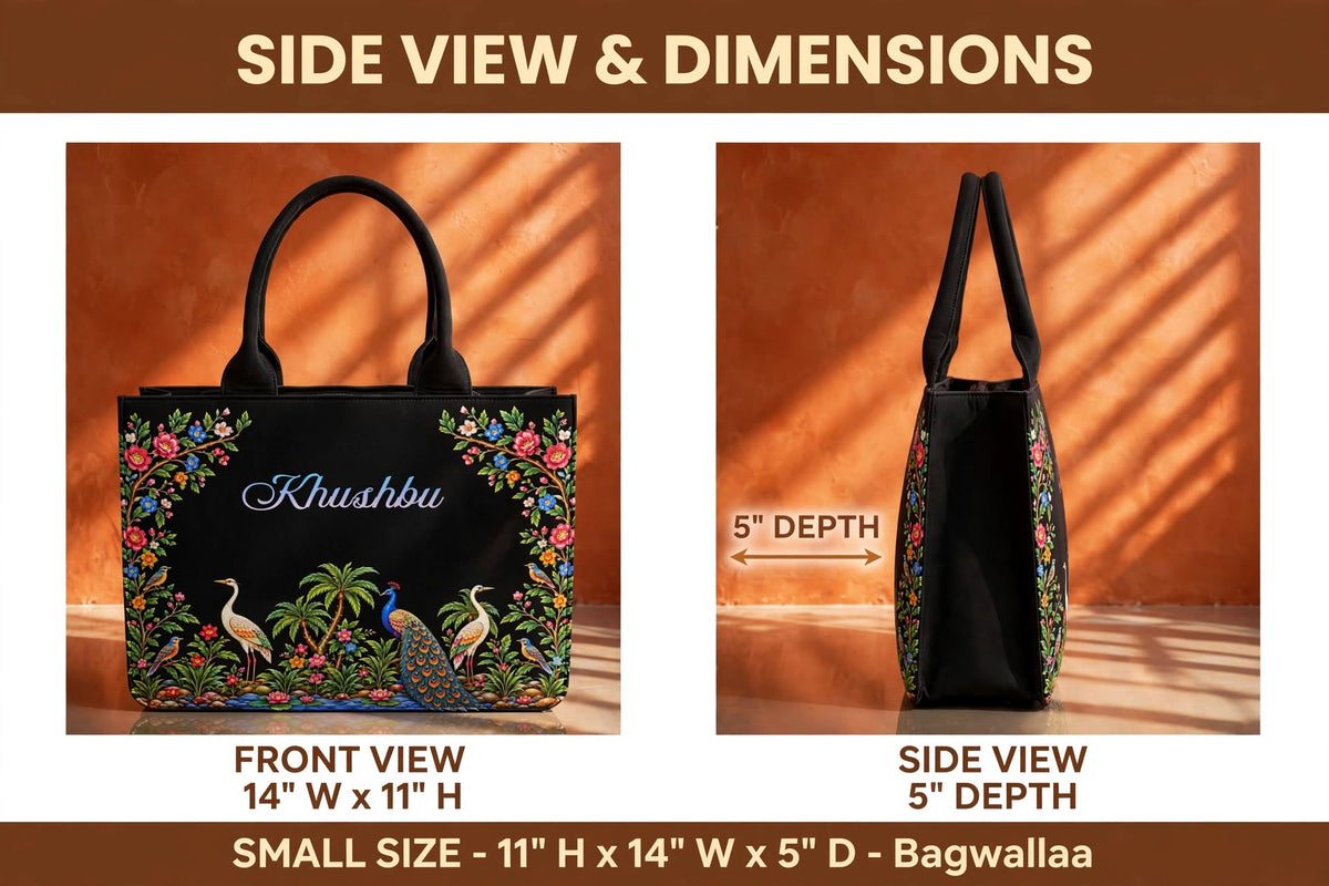 Bagwallaa - The Royal Peacock Garden Edition | Black Leather Tote Bag | Handcrafted Mughal Floral Art with Peacock & Cranes | Large Size Office Laptop Bag for Women (Fits 15.6" Laptop)