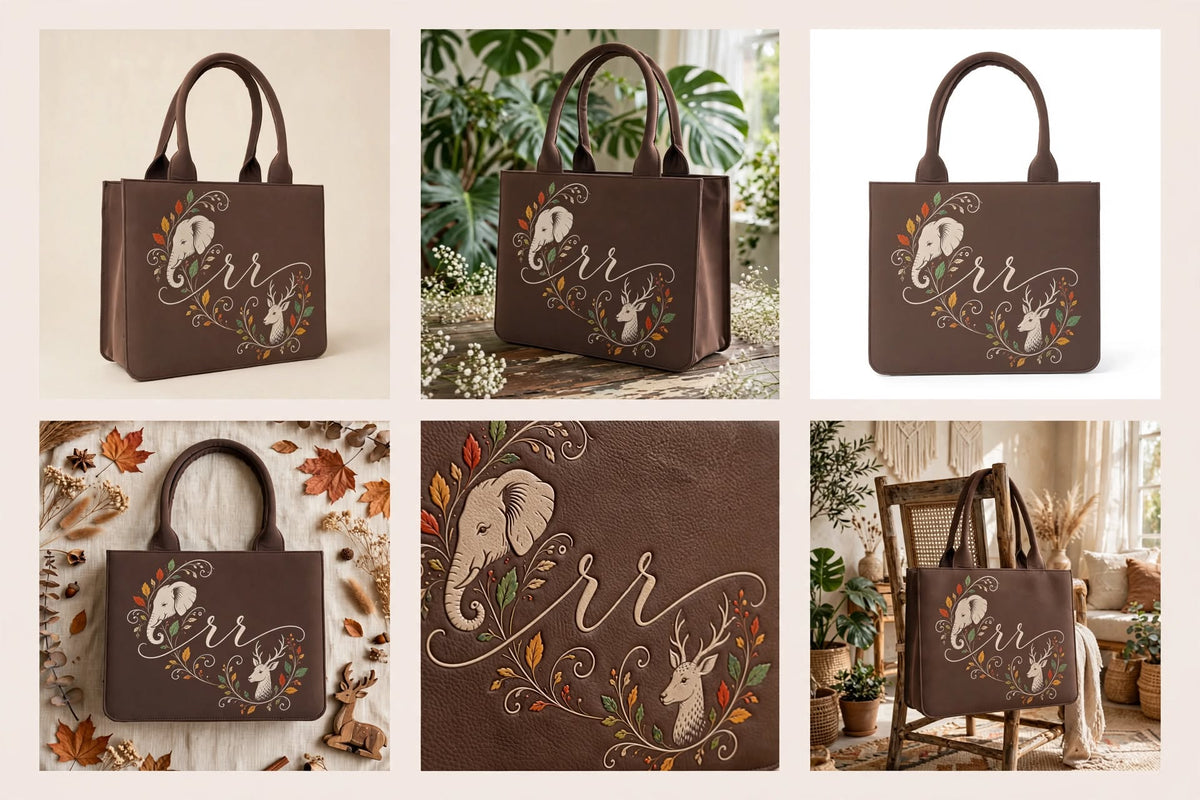 BAGWALLAA Personalized Initial Tote Bag - RR Brown | Premium PU Leather Tote with 3D Emboss Elephant & Deer Print