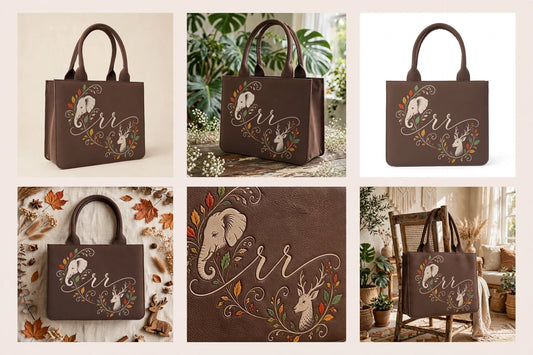 BAGWALLAA Personalized Initial Tote Bag - RR Brown | Premium PU Leather Tote with 3D Emboss Elephant & Deer Print